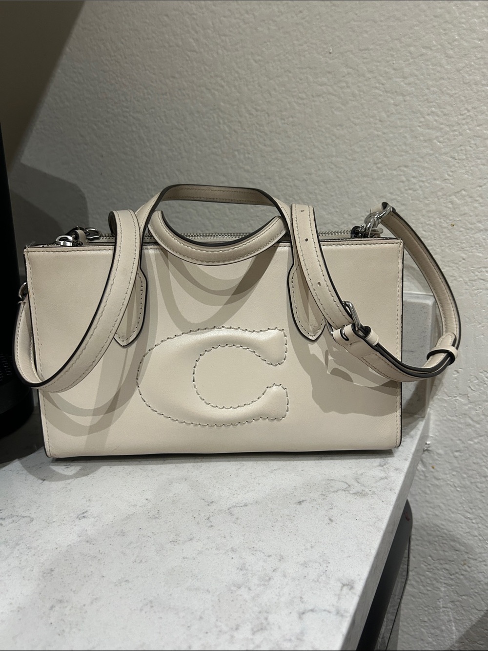 Cream Leather Top-Handle Crossbody Bag